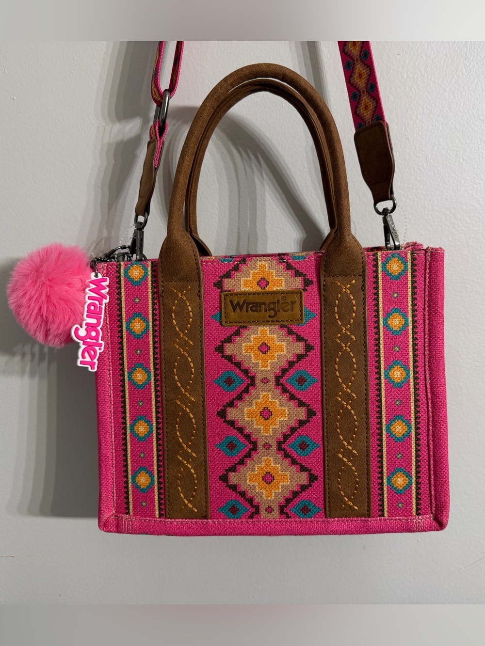 Wrangler Pink Southwestern Aztec Canvas Mini Tote Crossbody Bag with Pom Pom